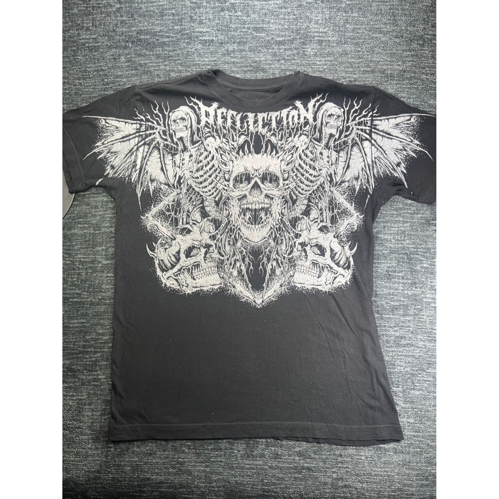 Affliction Mens Large Black Skulls Graphic T-Shirt Live Fast Reaper Gothic Tee